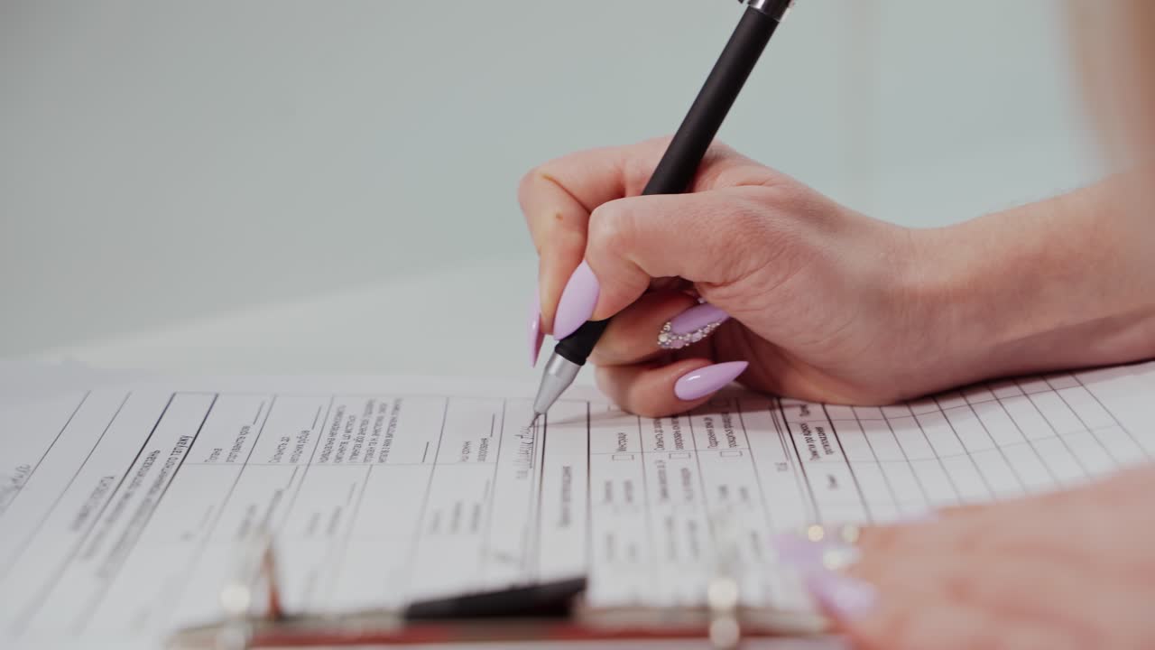 Close up of female hand filling form. Womans hand with pen completing personal information on form