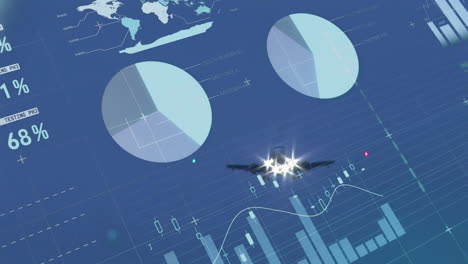 animating charts and graphs over airplane flying in sky