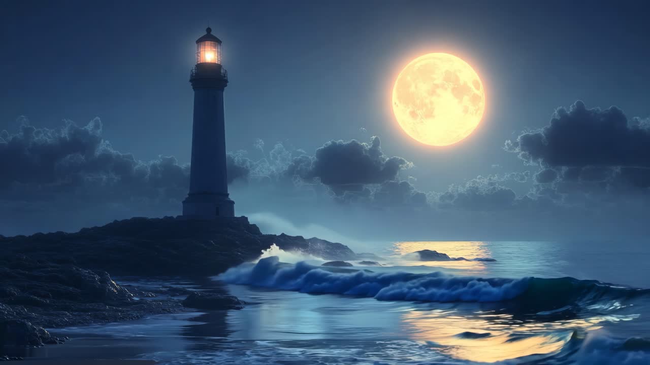 A lighthouse is on a rocky shoreline with a large full moon in the sky ...
