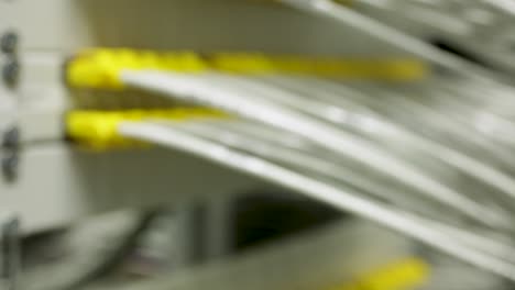 rack focus establisher white network cables at a modern server center, static