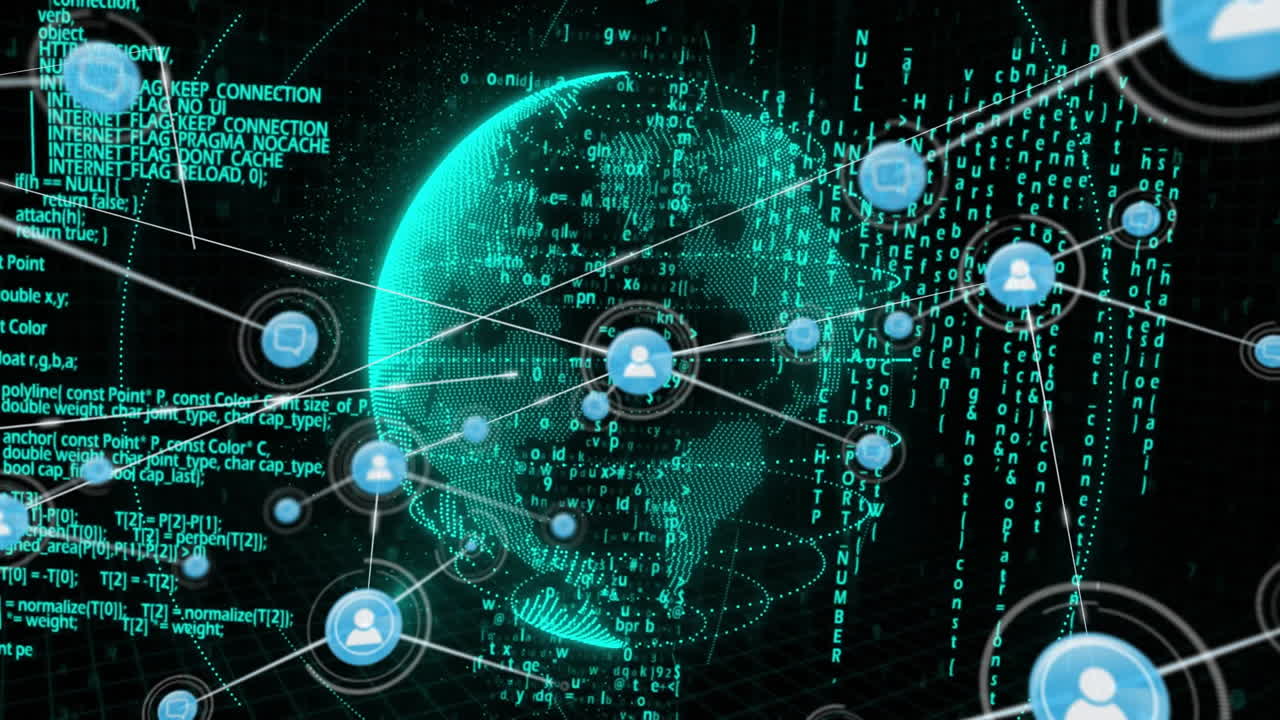 Animation of globe over network of connections with icons