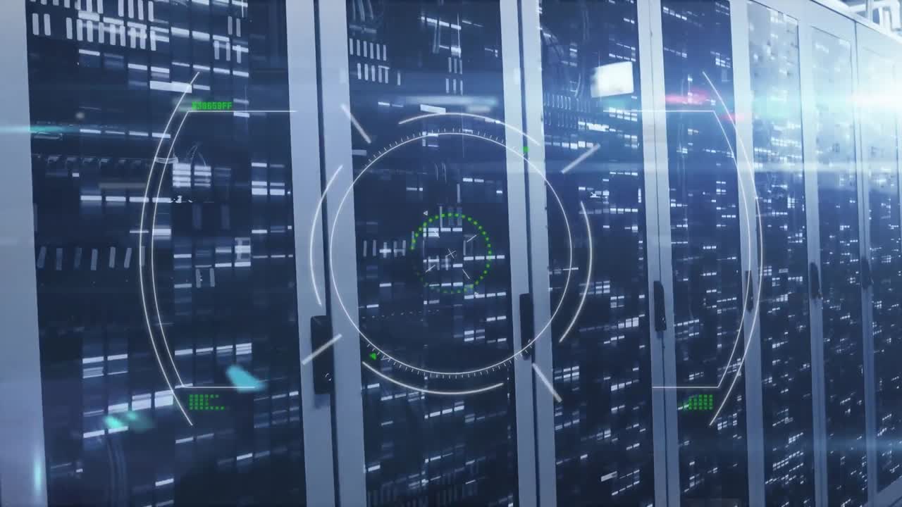 Animation of scope scanning and data processing over tech room with computer servers