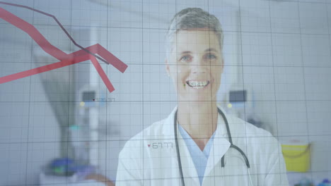 animación de procesamiento de datos financieros sobre feliz médico mujer caucásica