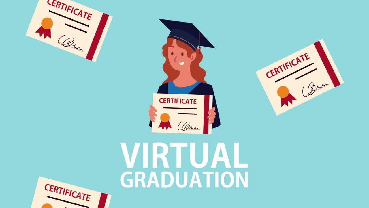 graduation animation with woman graduate and certificate