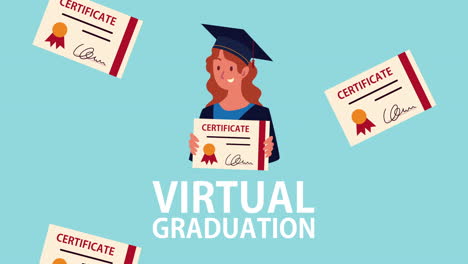 graduation animation with woman graduate and certificate