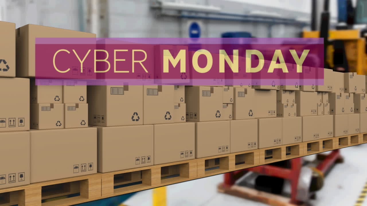 Animation of cyber monday text over cardboard boxes on conveyor belts