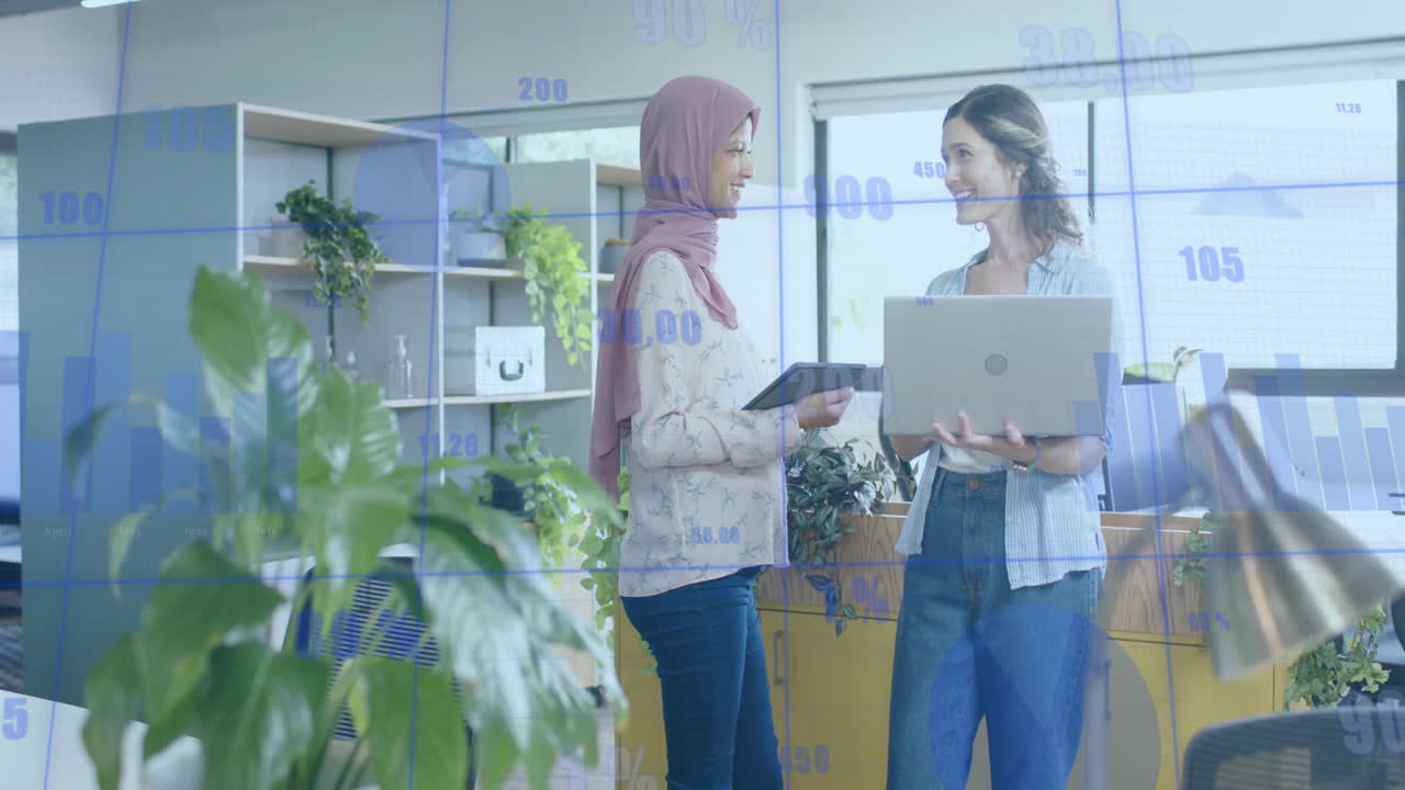 Animation of financial data processing over diverse business people in office