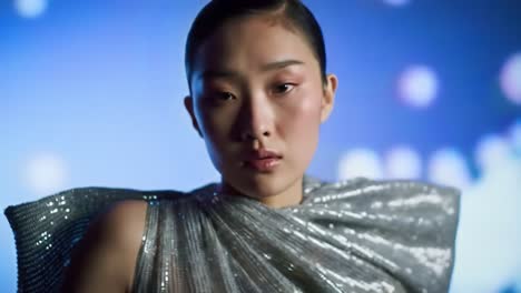 a captivating close-up of a fashion model dressed in a glamorous silver attire against a dreamy background of soft lights and colors