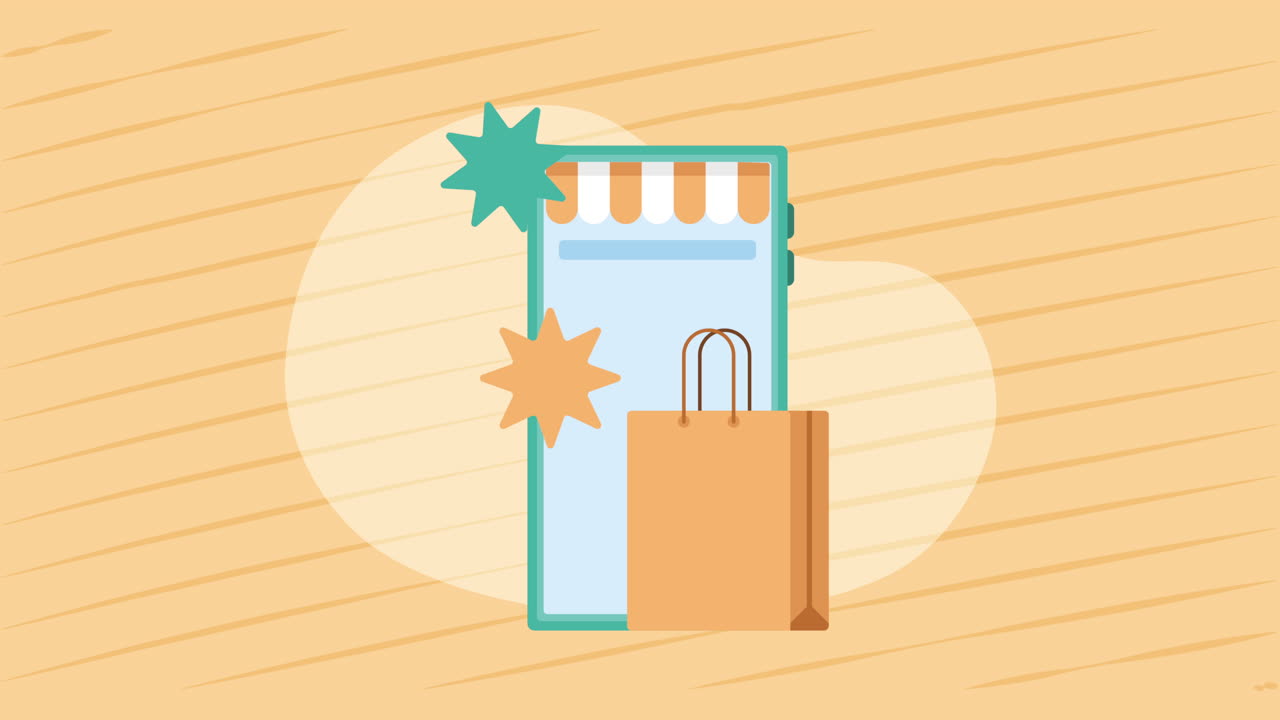 전자 상거래 애니메이션을 가진 스마트폰 장치