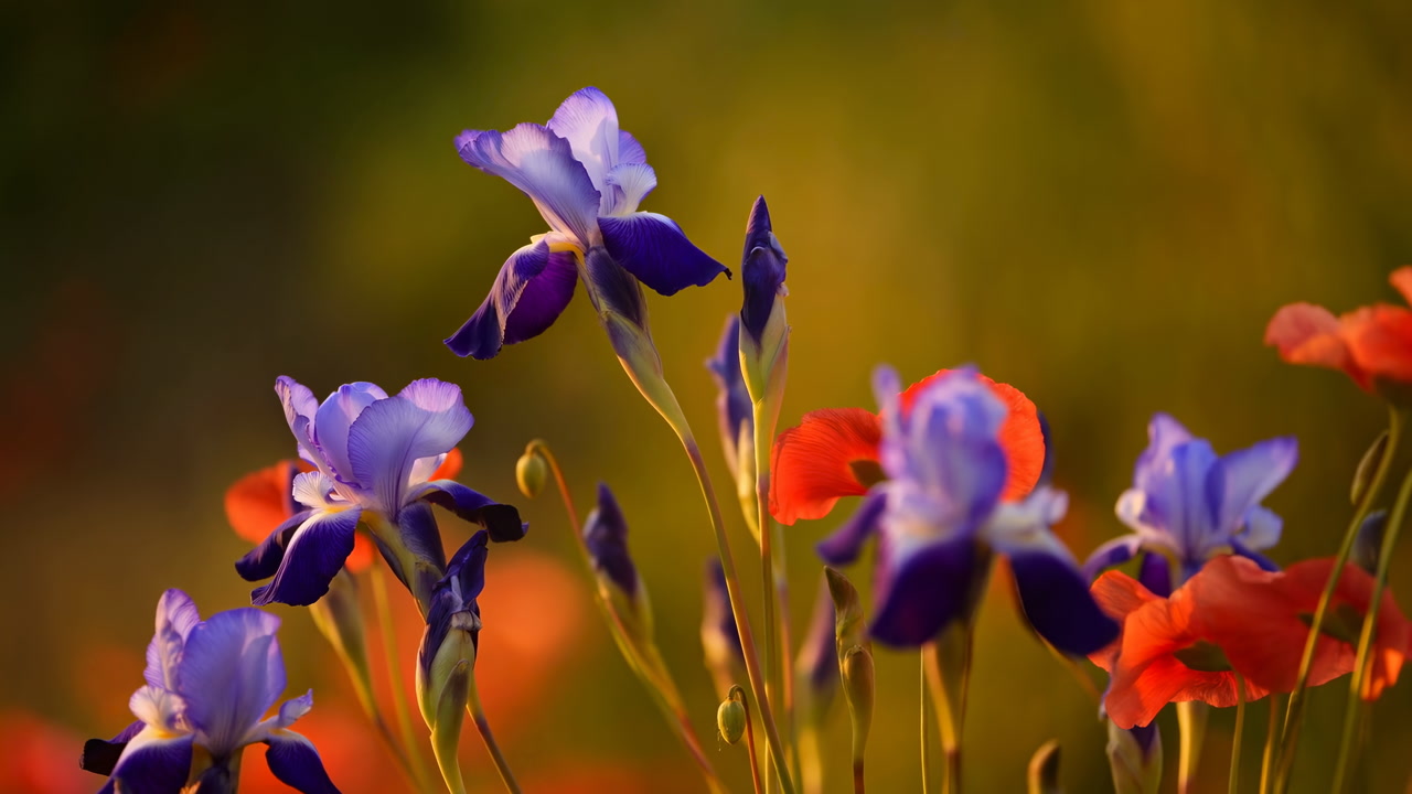 Vibrant Iris And Poppy Closeup, Golden Background Bokeh, Delicate Purple Irises And Red Poppies Swaying