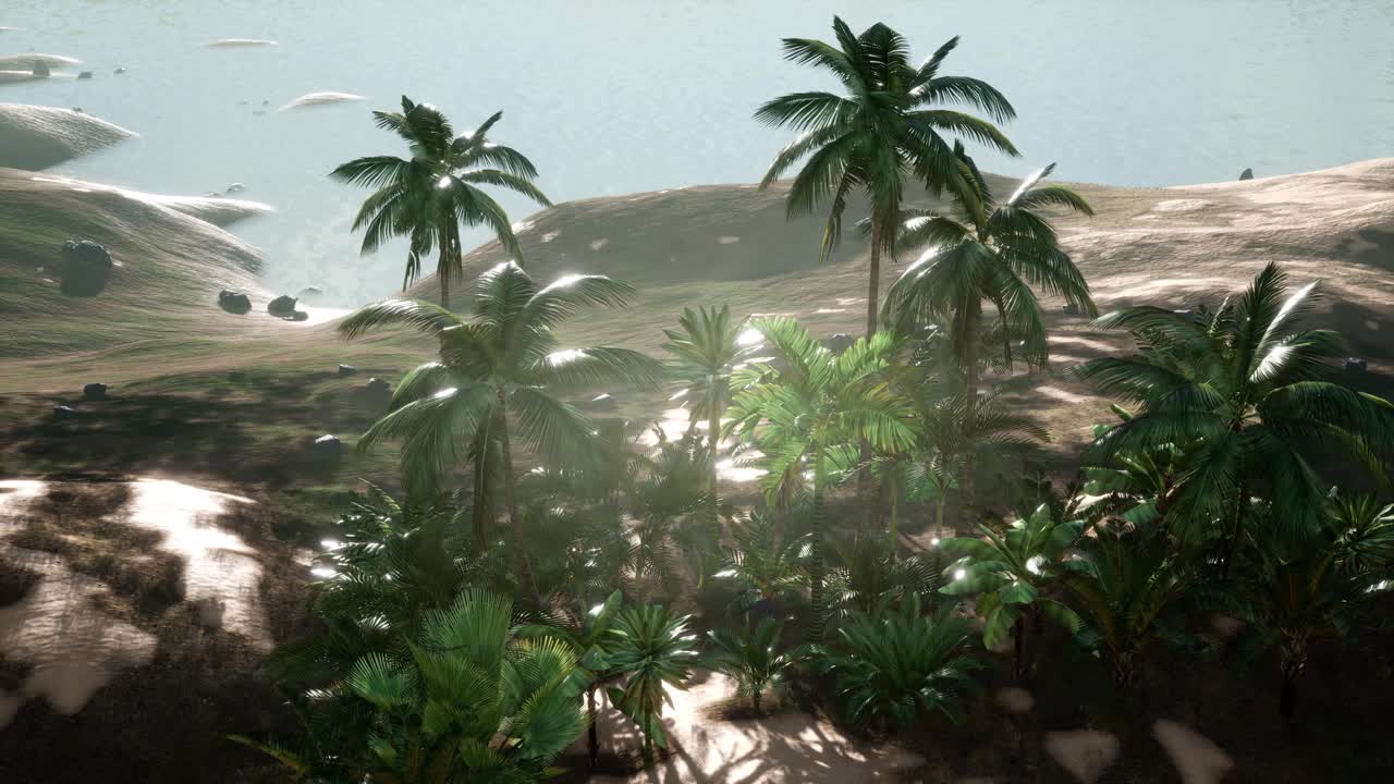 los rayos del atardecer a través de las palmeras