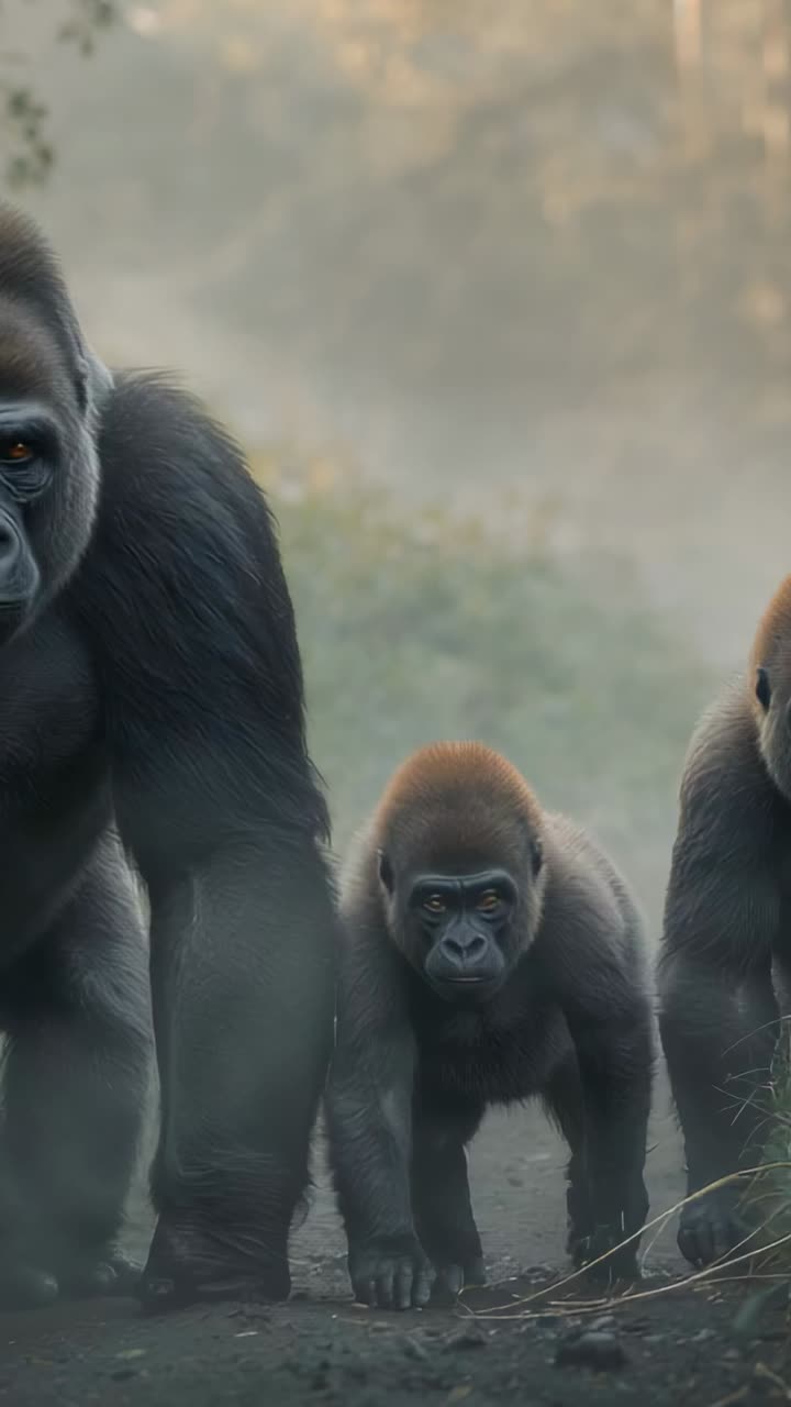 Vertical video: Spotting camera, gorilla trio knuckle-walking on misty dirt path, guarding juvenile