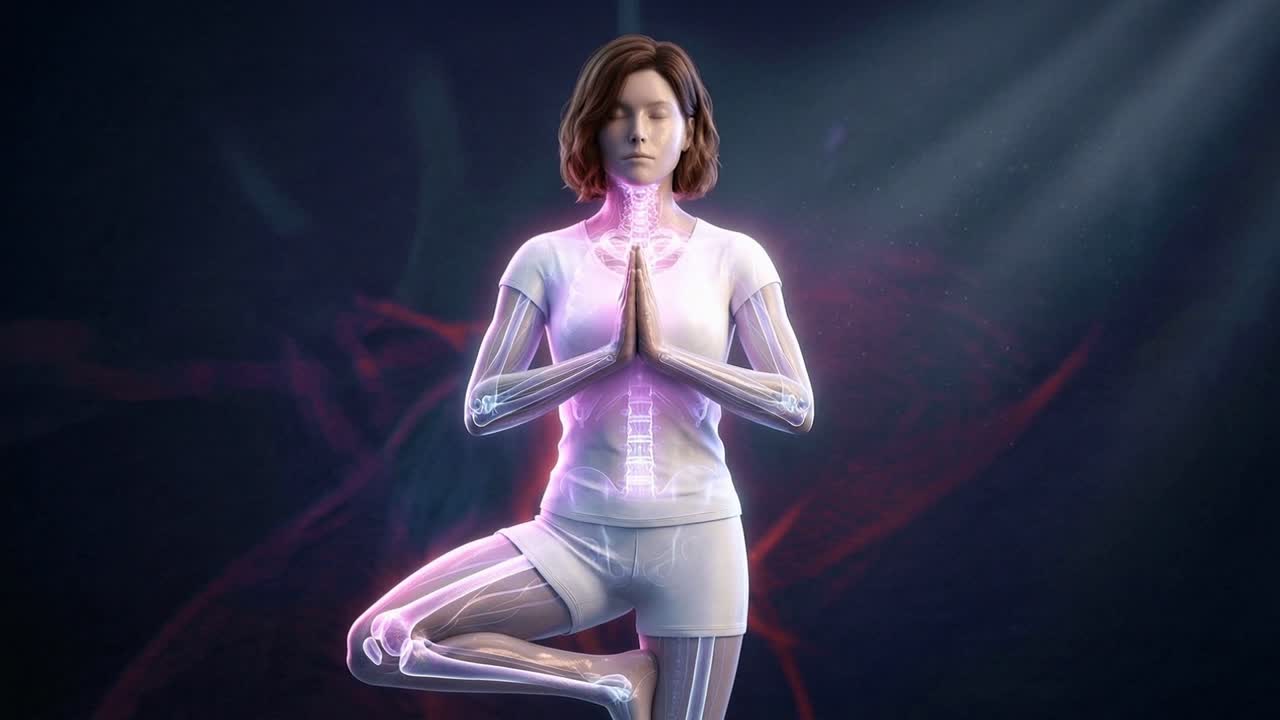 Donna che pratica yoga nella posizione dell'albero con anatomia interna luminosa e flusso di energia in un ambiente studio scuro.