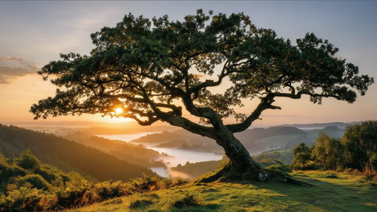 Majestic Tree Silhouette Against a Radiant Sunset Overlooking a Serene Landscape with Rolling Hills and Mystical Fog in the Valley