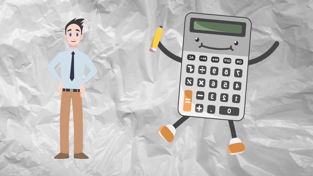 animación de un hombre hablando sobre el icono de la calculadora feliz