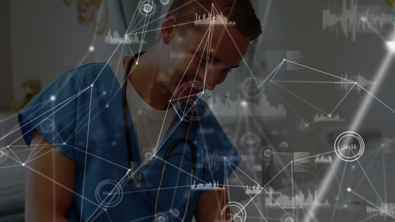 Animazione di una rete di connessioni su un chirurgo maschio caucasico che usa un tablet