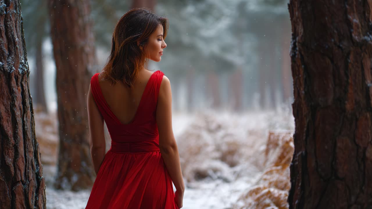 A Beautiful Woman in a Flowing Red Dress Stands in a Snowy Forest Surrounded by Majestic Trees, Capturing the Serenity and Beauty of Nature's Winter Landscape