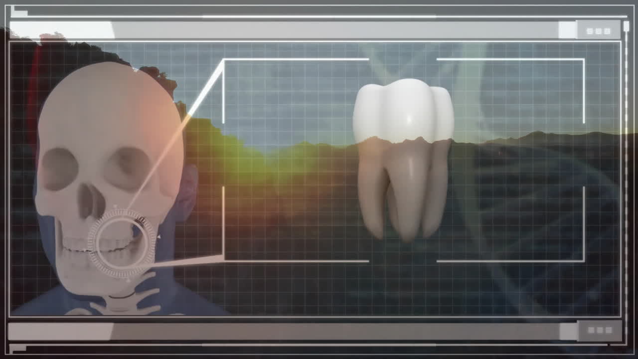 X-ray animation showing human skull and tooth against digital grid background