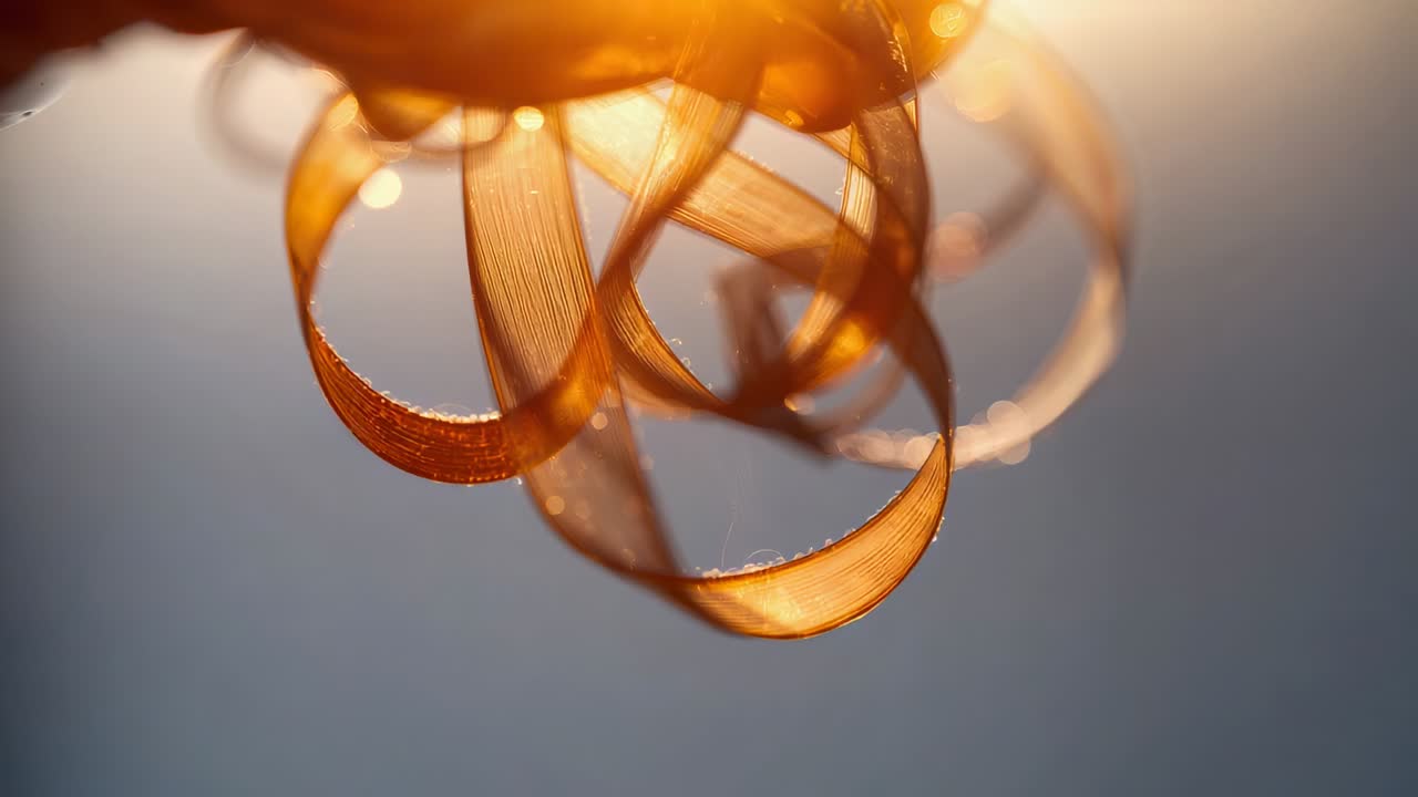 Rotating hand holding curled amber shavings outdoors, sunlight glowing and revealing grain and dust