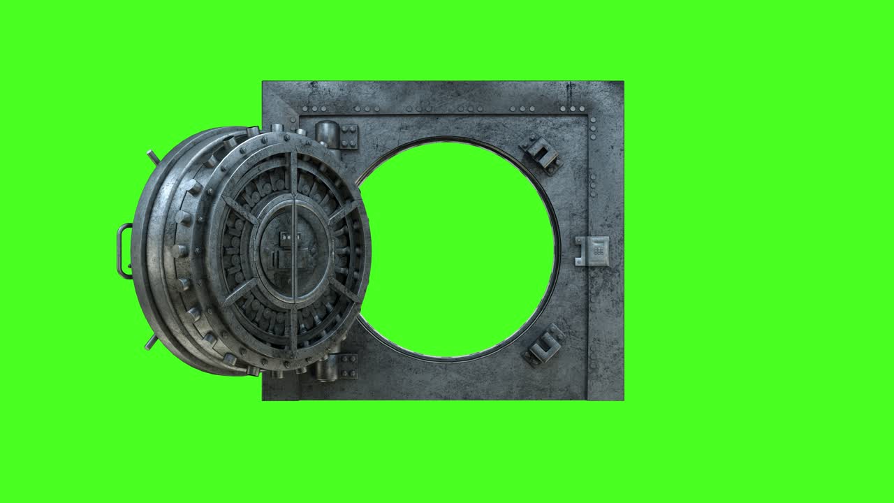 Opening of the vault door in bank on a green background