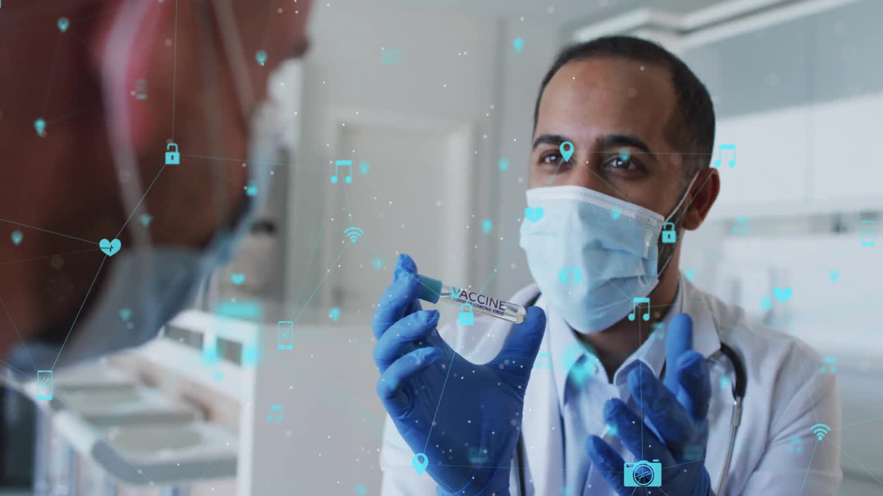 Holding vaccine vial, doctor in mask with medical icons animation over scene