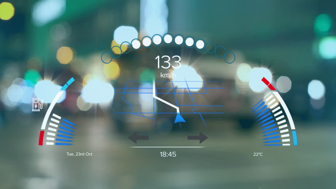 도시를 가로지르는 전기 자동차 속도계 데이터 처리 애니메이션