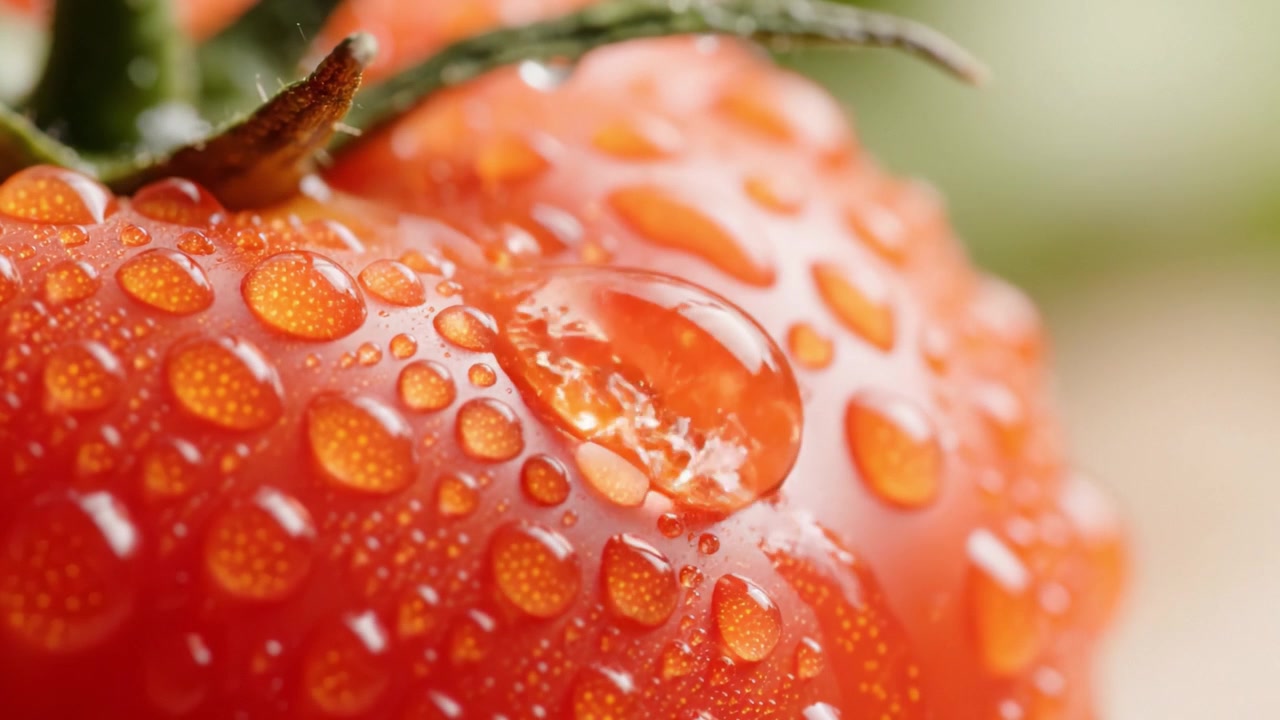 Un'esplorazione ravvicinata di un pomodoro fresco, bagnato di rugiada, che evidenzia i colori vivaci e i dettagli intricati della sua texture superficiale e delle goccioline di umidità.