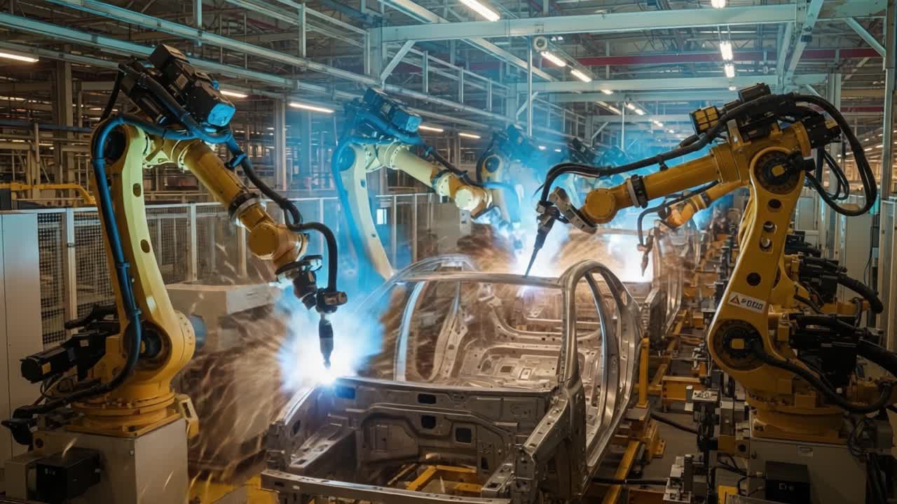 Advanced Robotic Automation in Action: A Dynamic View of Precision Welding at an Automotive Manufacturing Facility, Showcasing Cutting-edge Technology with Spark-filled Energy