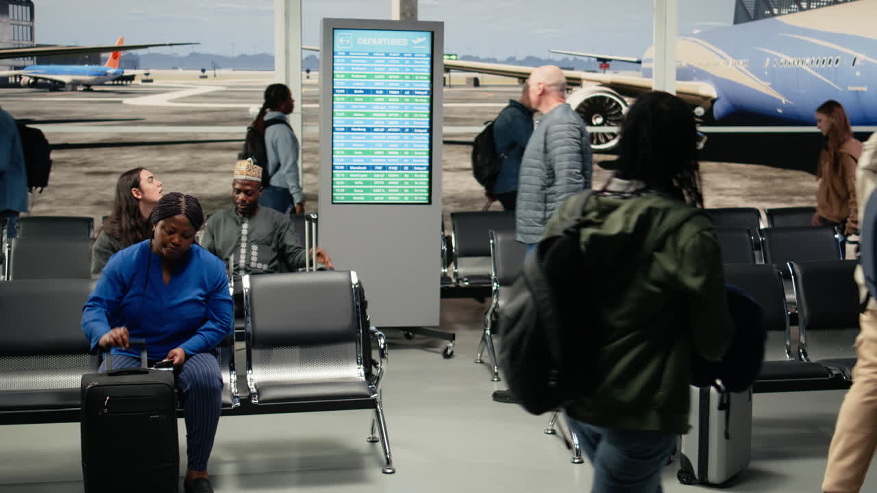 Homens e mulheres multiétnicos no aeroporto olham para o painel de horários de partida de voos