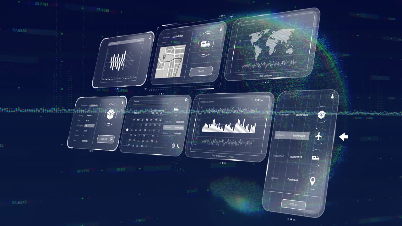 Animation of digital data with graphs and maps on futuristic screens