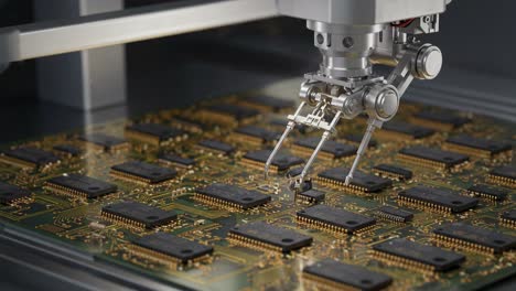 advanced robotic automation performing precision assembly on circuit boards with integrated chips and components in a high-tech manufacturing process