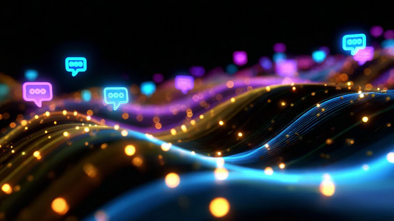 Captivating Digital Communication Waves with Colorful Speech Bubbles and Vibrant Light Particles Creating a Visual Representation of Online Interaction and Engagement in a Modern Graphical Setting