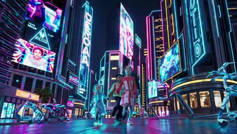 children and a man walk through a futuristic cyberpunk city at night