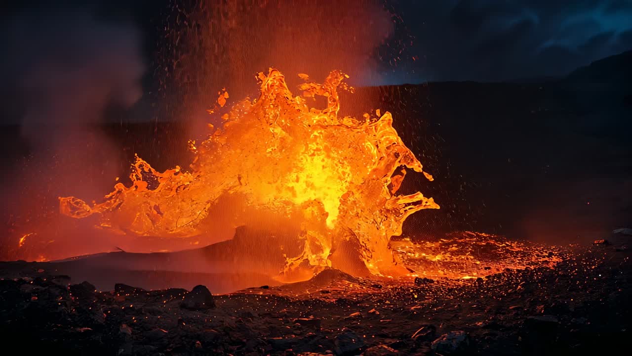 Bursting lava fountain erupting from volcanic vent at nighttime, billowing volcanic gas plume
