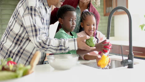 happy african american grandparents and grandchildren washing vegetables in kitchen, slow motion