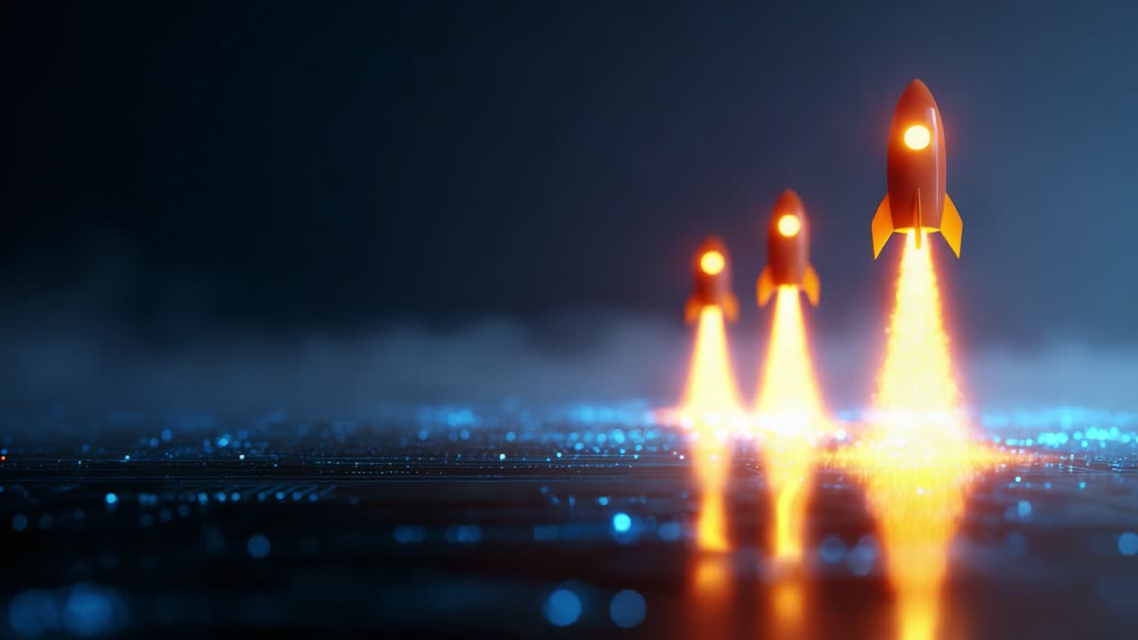 A Dazzling Display of Futuristic Rockets Igniting Their Thrusters Against an Ethereal Digital Background, Signaling the Dawn of a New Era in Space Exploration and Technology Innovation