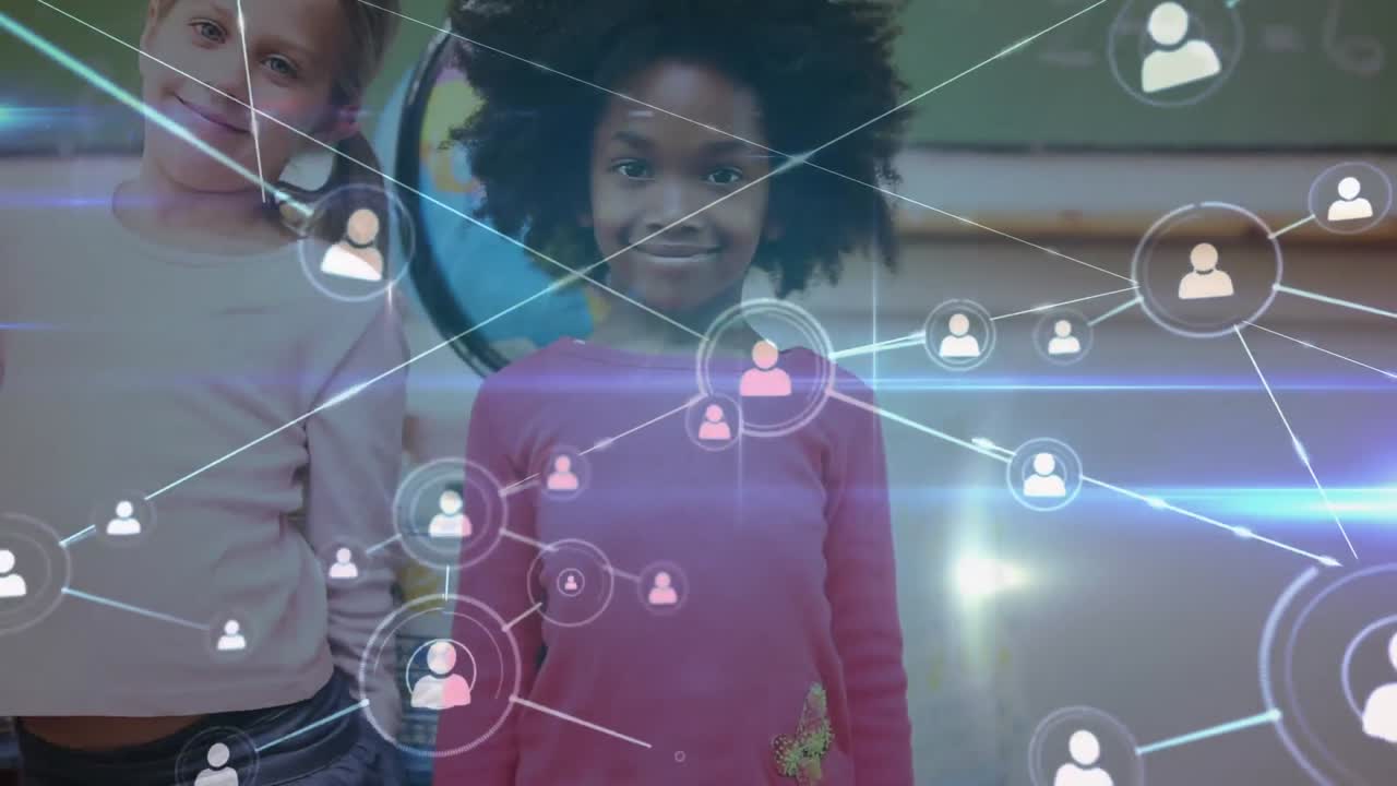 video compuesto digital de la red de conexiones contra dos niñas sonriendo en la escuela