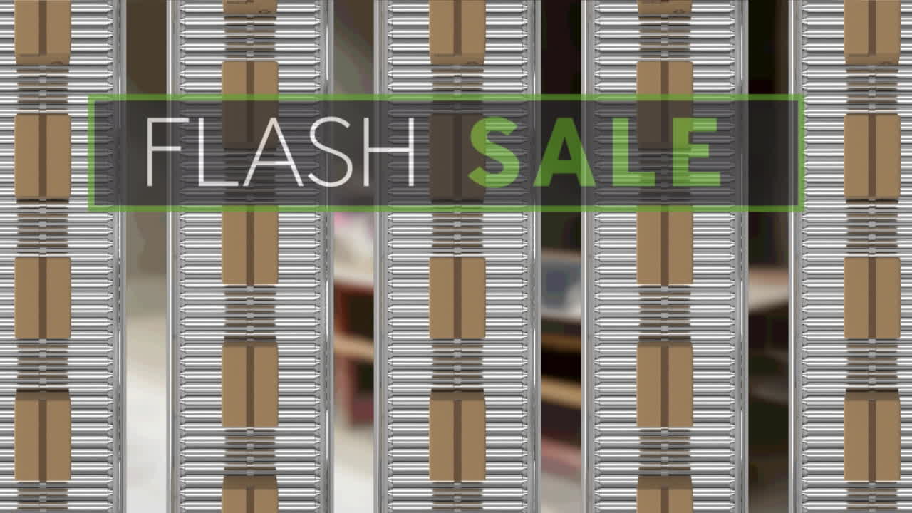 컨베이어 벨트에 있는 카드보드 상자 위에 있는 플래시 판매 텍스트의 애니메이션