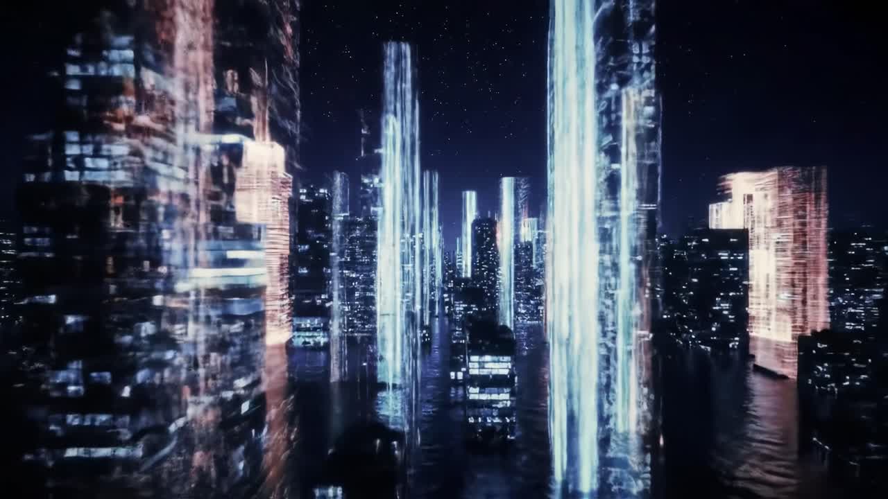 A Stunning Journey Through a Futuristic Cityscape at Night, Featuring Glowing Skyscrapers and Reflections in the Water Beneath a Starry Sky