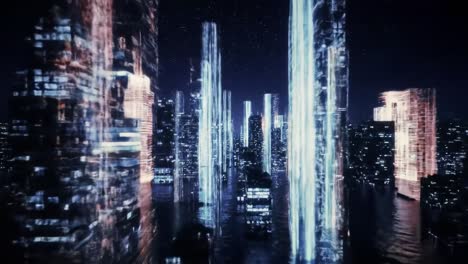 a stunning journey through a futuristic cityscape at night, featuring glowing skyscrapers and reflections in the water beneath a starry sky