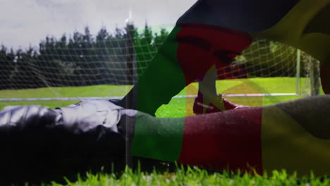kicking football, player on field with cameroon flag in animation background