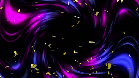 Animation-Von-Goldenem-Konfetti,-Das-über-Sich-Drehende-Blaue-Und-Violette-Lichtspuren-Im-Hintergrund-Fällt