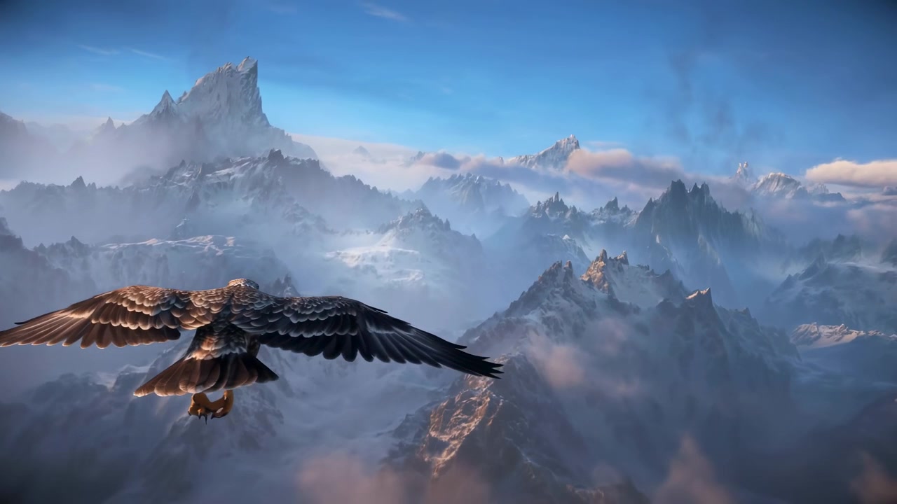 Rear view of large bird of prey gliding with wings fully extended above layered snow covered peaks, jagged ridgelines, soft haze, cold light, and expansive alpine wilderness, with eagle, bird, raptor