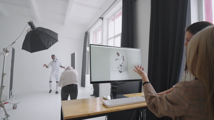Behind-the-scenes photo shoot: A photographer in a photo studio uses a flash for photos of a black professional football player. Photo shoot in the studio of a sports magazine advertising