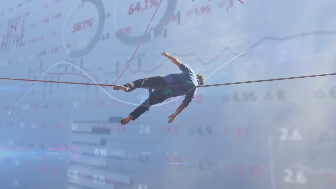 긴 줄에 균형을 잡는 사람, 금융 데이터에 대한 사람, 주식 시장 애니메이션