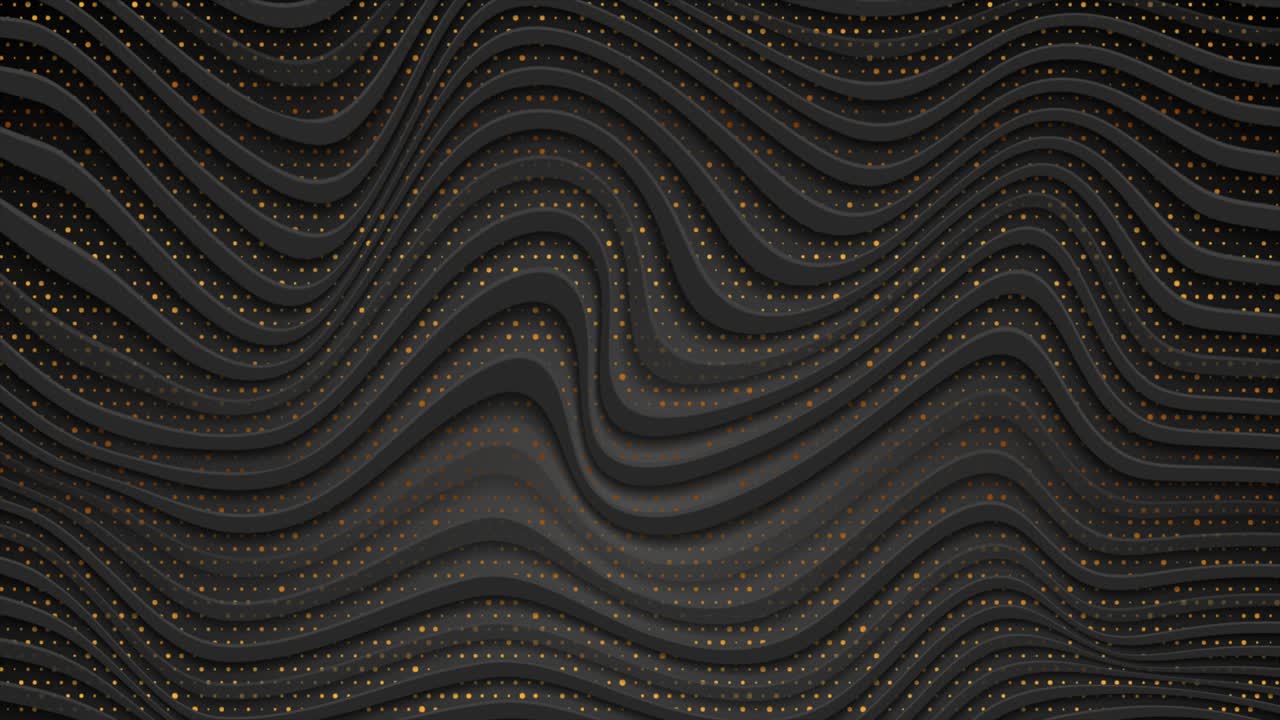 Black refracted liquid waves and golden dots abstract motion background