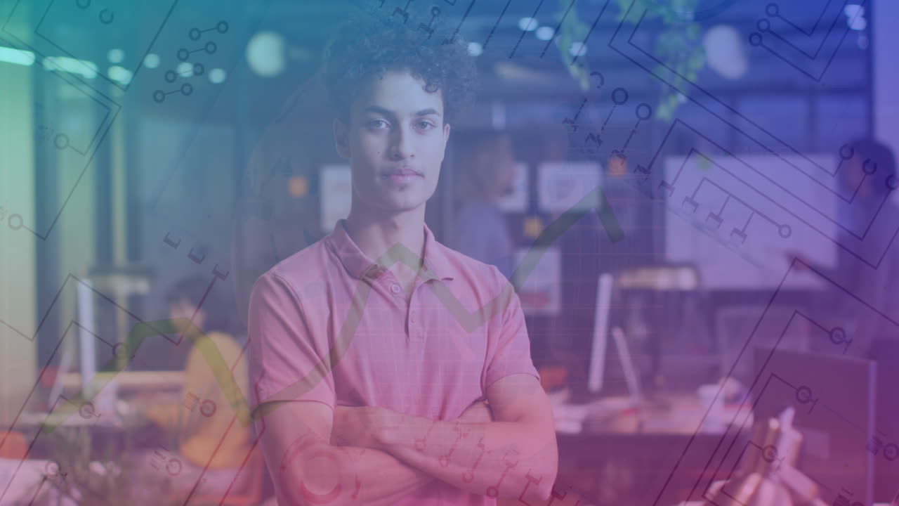 Animation of financial data processing over biracial businessman