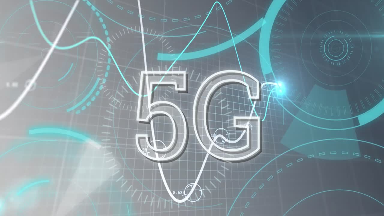 animación de texto 5g con línea con procesamiento de datos financieros y escaneo de alcances