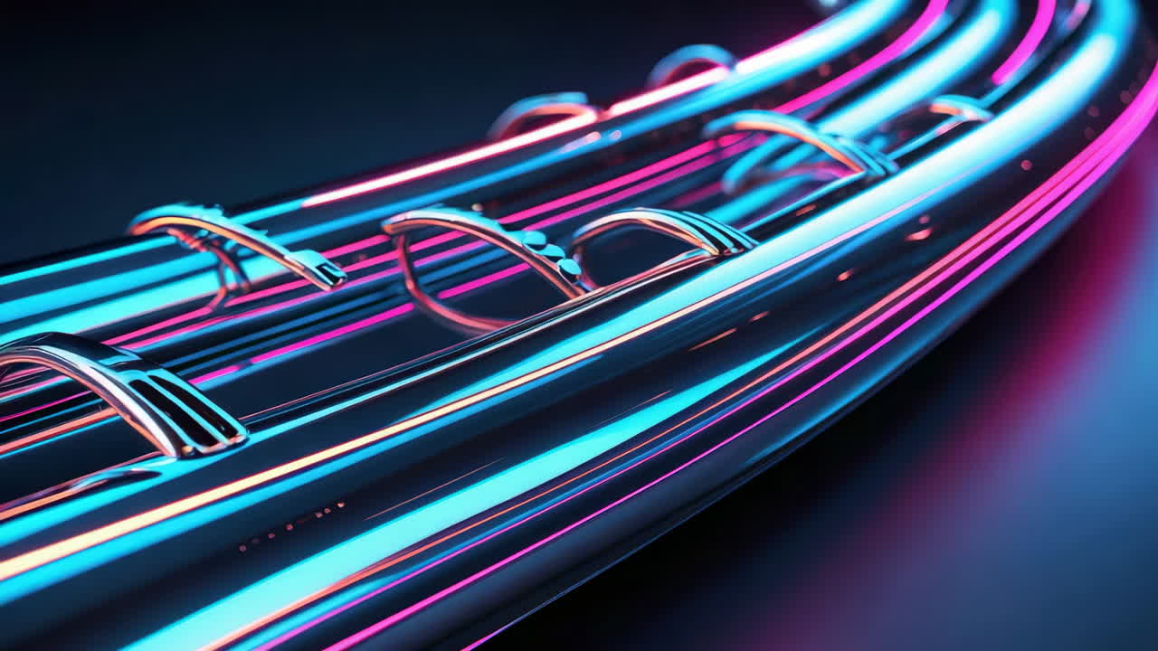 Abstract Neon Light Trails on Metallic Surface