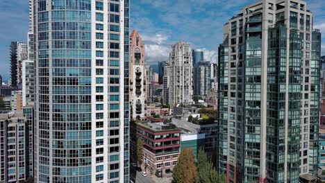 drone shot of buildings in yaletown downtown vancouver